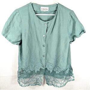 Kaktus USA Women’s M Teal Linen Rayon Top Sheer Floral Embroidered Hem Blouse